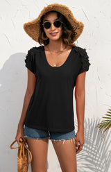 Women's Casual Lace Stitched V-Neck Pullover Short Sleeve Tops