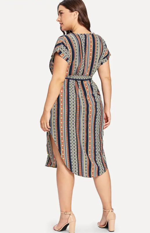 Women's Plus Size Striped V-Neck Short Sleeve Dress