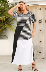 Women's Crew Neck Striped Colorblock Dress
