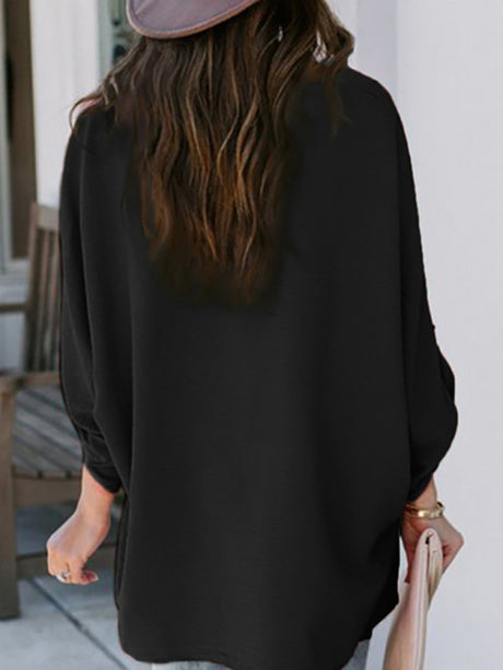Women's Solid Color V-Neck Long Sleeve Casual Loose Shirt