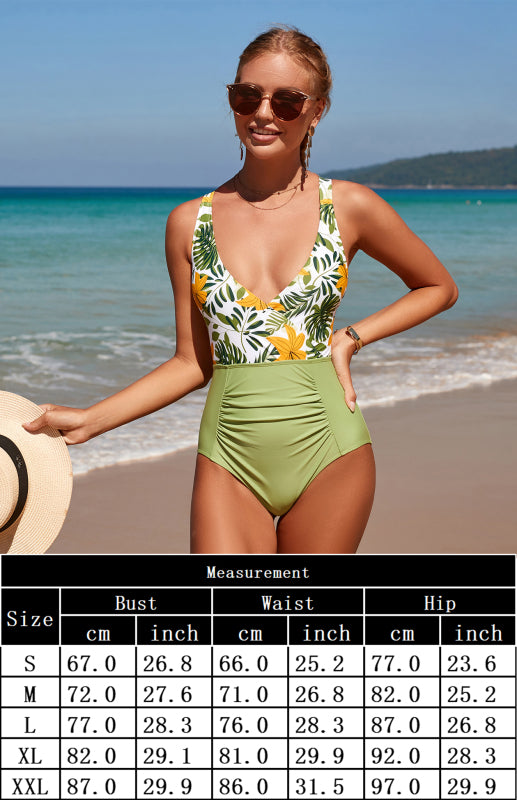 Women's Sexy Print Deep V Gathered Cross Strap Backless One Piece Swimsuit
