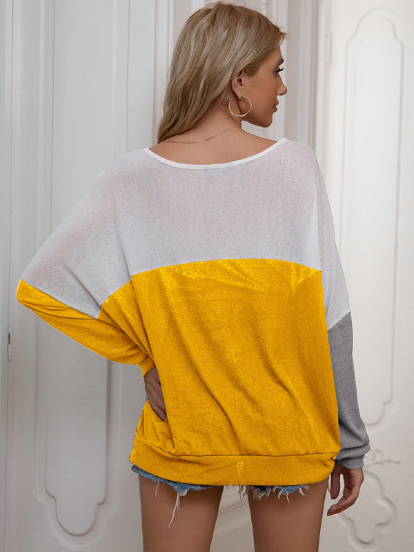 Women's Casual Loose Contrast Paneled Bat Long Sleeve Top