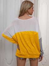 Women's Casual Loose Contrast Paneled Bat Long Sleeve Top