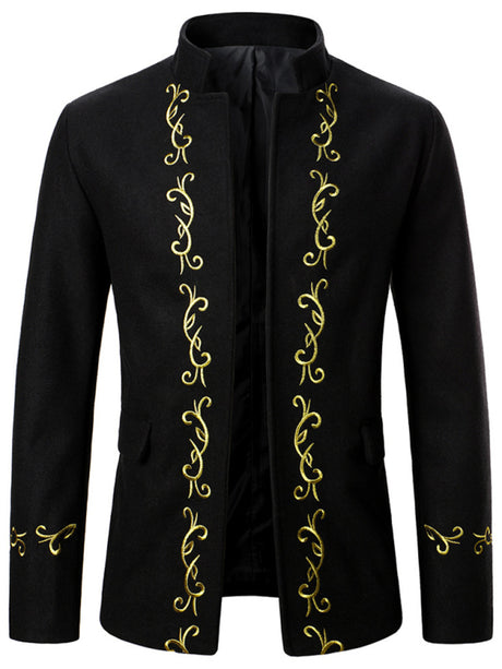 Men's Stand Collar Embroidery Pea Coat Tweed Coat