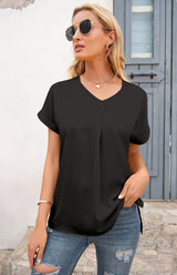 Women's Short Sleeve Casual V-Neck Top Pleated Shirt