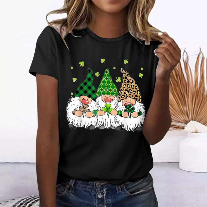 Women's Crewneck Lucky Elf Print Short-sleeved T-shirt