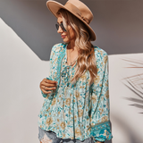 Women's Bohemian Print Neck Tie Long Sleeve Top
