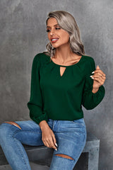 Women's Solid Color Keyhole Long Sleeve Blouse