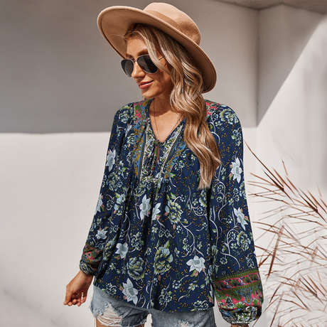 Women's Bohemian Print Neck Tie Long Sleeve Top