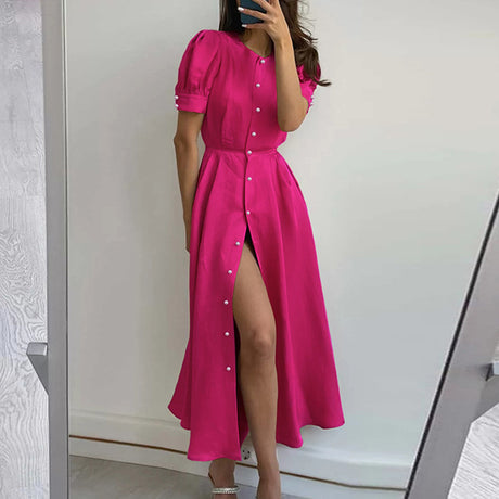 Women's Solid Color Solid Color Single Breasted Sexy Slit Mid Length Dress