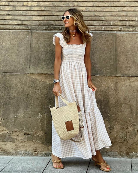 Summer Temperament Women's Collage Plaid Sling Elastic Swing Dress
