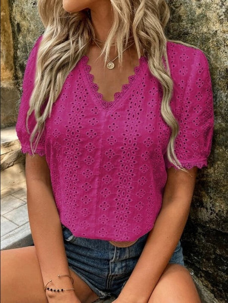 Women's solid color short-sleeved hollow shirt