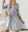 Women’s Long Sleeve Ribbed V Neck Mini Dress With Pleated Skirt Bottom