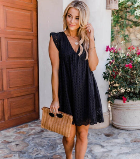 European and American lace stitching hollow V-neck dress for women