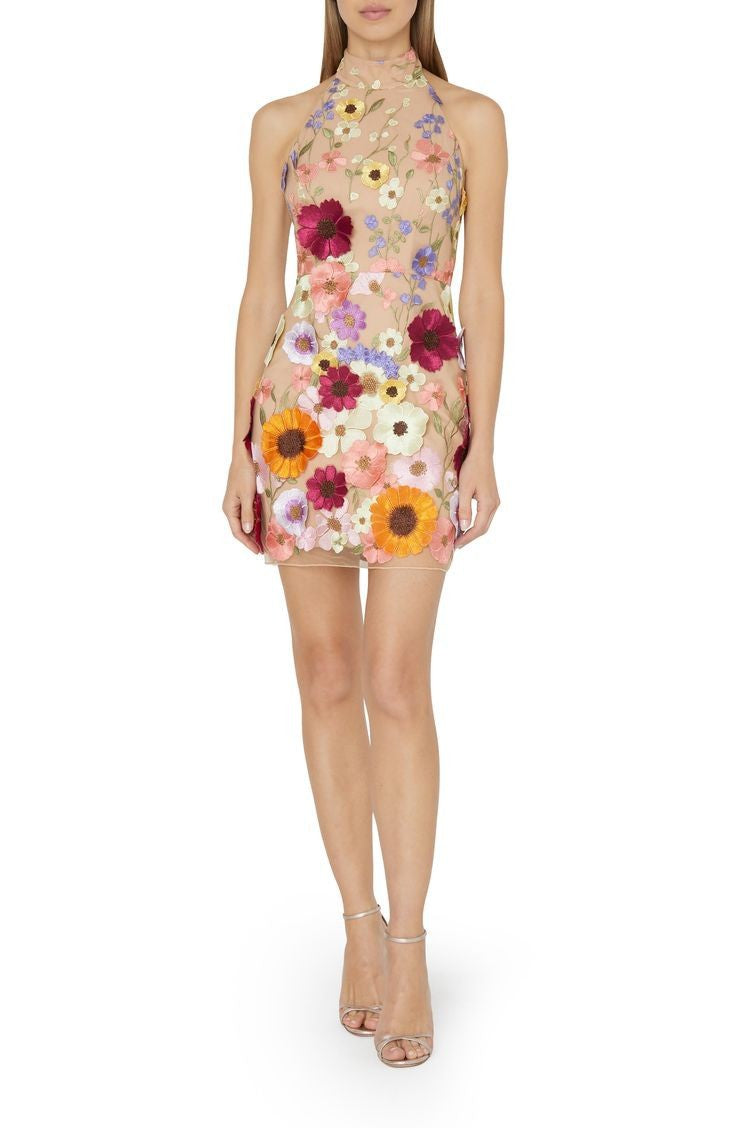 Women  Embroidered Three Dimensional Floral Halter Slim Dress Small Dress