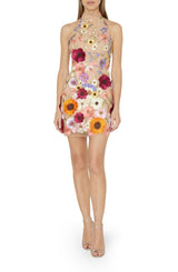 Women  Embroidered Three Dimensional Floral Halter Slim Dress Small Dress