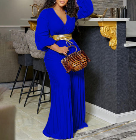 Pre-Order Summer V neck Sexy Lace up Pleated Wide Leg Jumpsuit