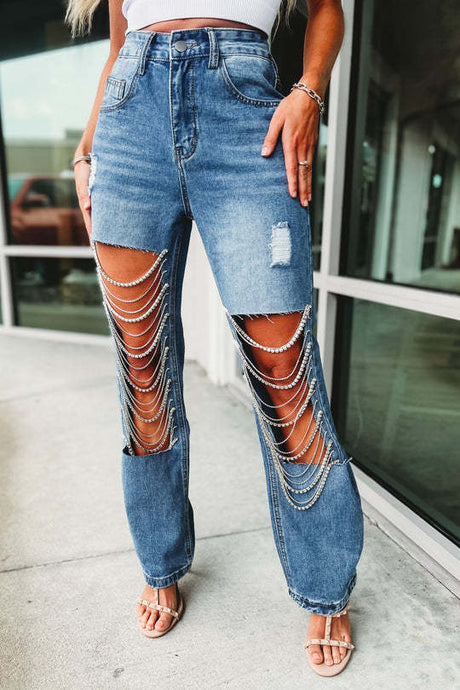 Straight-Leg Ripped Jeans with Chain Ornaments for Women: Early Spring Collection