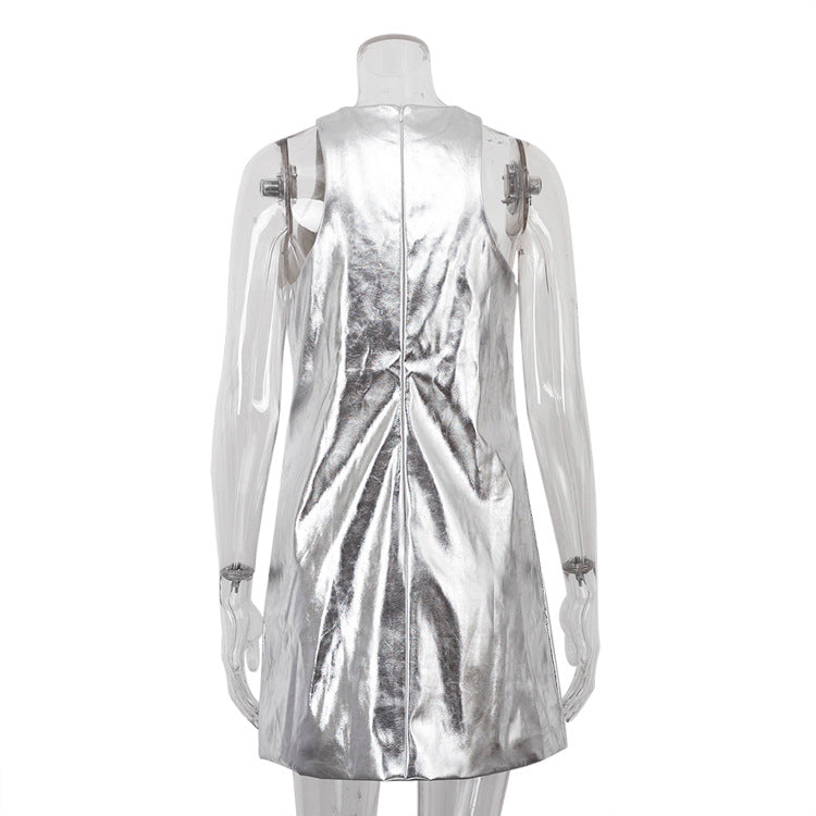 Summer Women Clothing Reflective Faux Leather Sexy Nightclub Vest Dress Sleeveless Short Dress