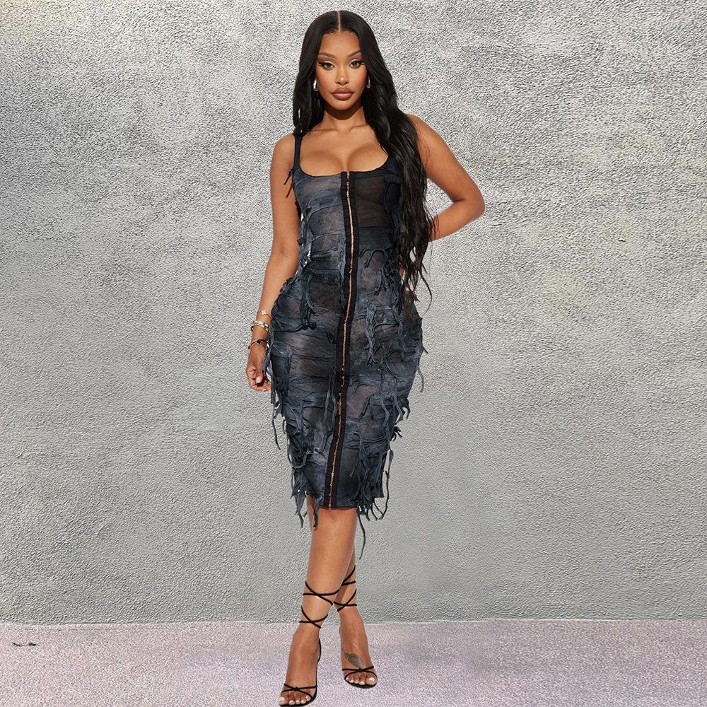 Slim Tie Dyed Sleeveless Beggar Dress Cardigan Dress for Women