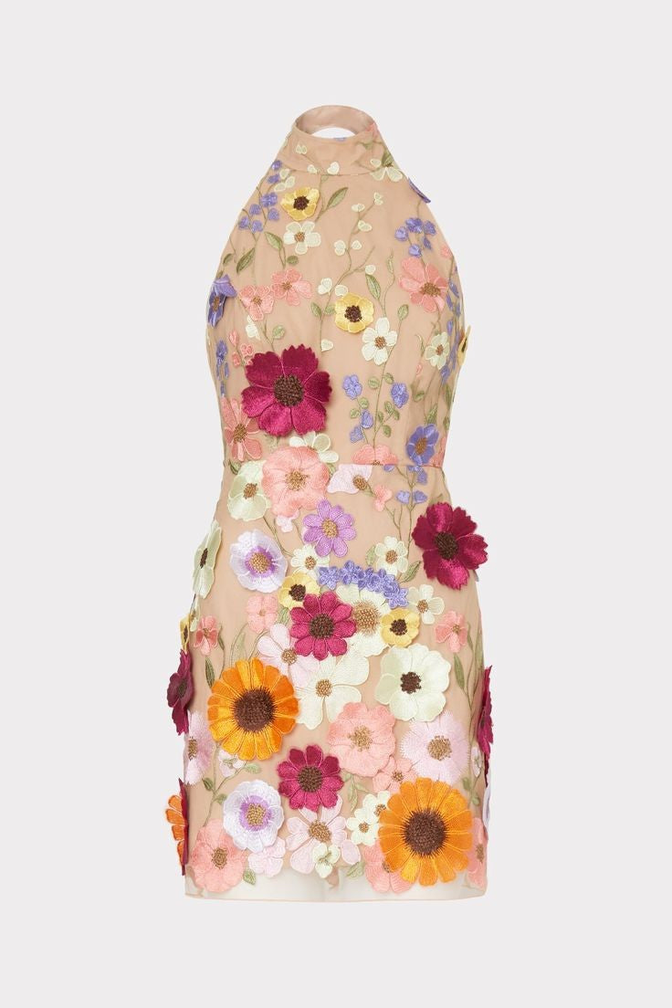 Women  Embroidered Three Dimensional Floral Halter Slim Dress Small Dress