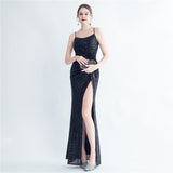 Gathers Sequ Handmade Floral Split Sling Simple Evening Dress