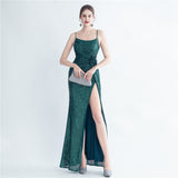 Gathers Sequ Handmade Floral Split Sling Simple Evening Dress