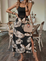 Casual Women Wear Summer Stitching Printing Waist Trimming Spaghetti Straps Maxi Dress