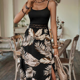 Casual Women Wear Summer Stitching Printing Waist Trimming Spaghetti Straps Maxi Dress