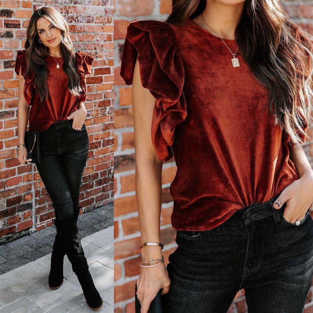 New 2023  Velvet Pullover Short Sleeve round Neck Women Loose T-shirt