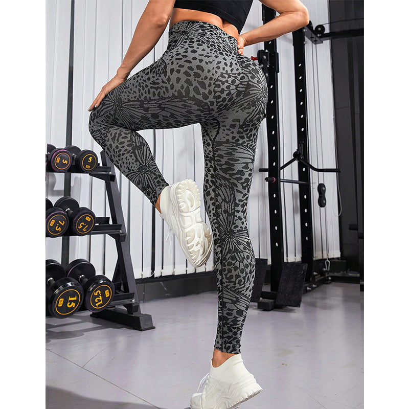 Sexy Leopard Print Seamless High Waist Belly Contracting Yoga Trousers Peach Hip Running Tight Exercise Workout Pants
