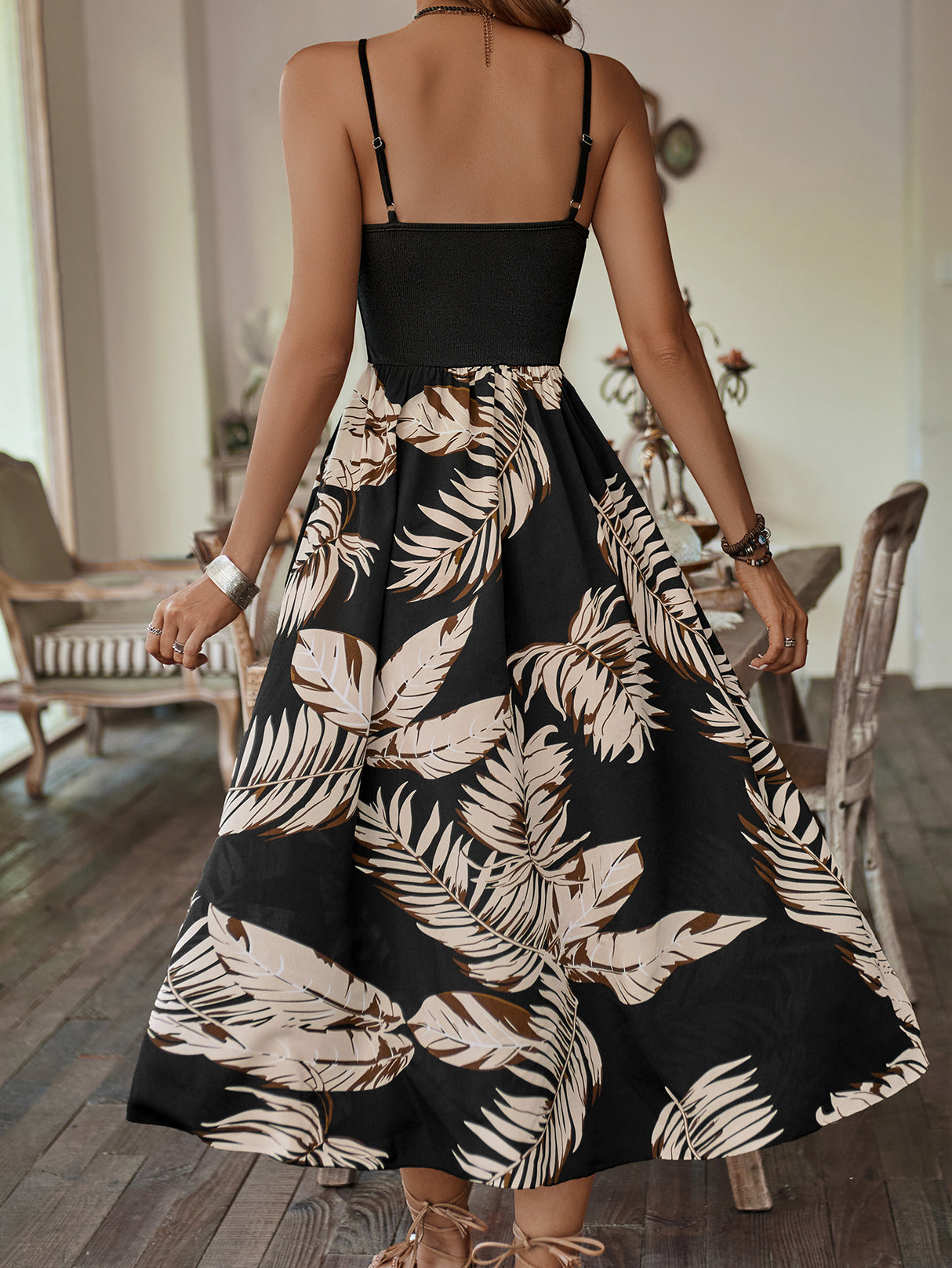 Casual Women Wear Summer Stitching Printing Waist Trimming Spaghetti Straps Maxi Dress