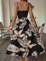 Casual Women Wear Summer Stitching Printing Waist Trimming Spaghetti Straps Maxi Dress