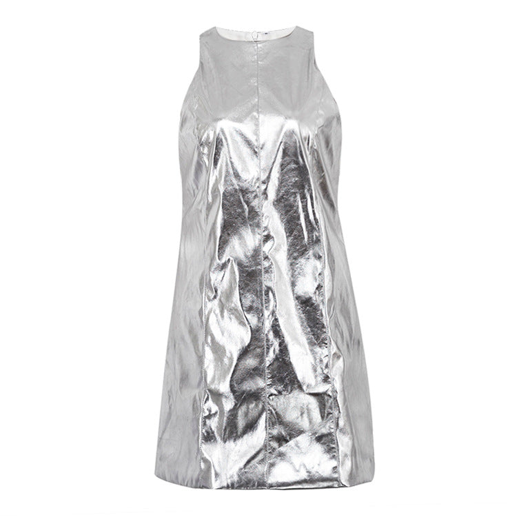 Summer Women Clothing Reflective Faux Leather Sexy Nightclub Vest Dress Sleeveless Short Dress