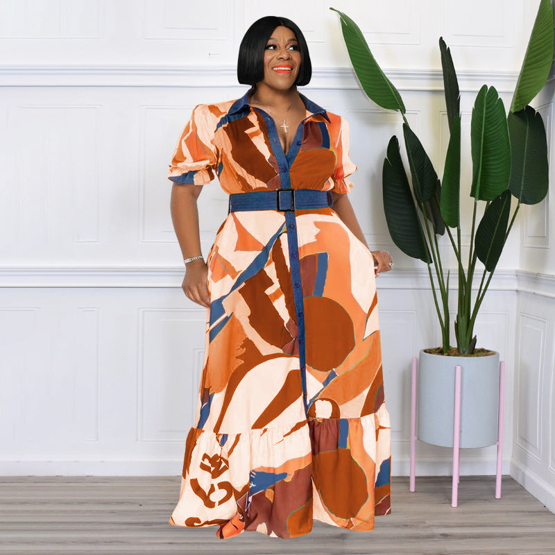 Pre-Order Curvy Size  Color Printing with Belt Loose  Women Clothing Dress