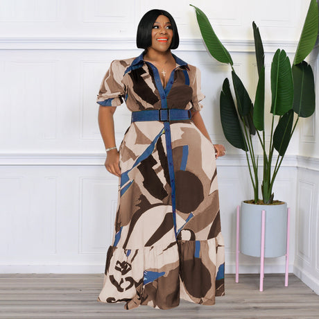 Pre-Order Curvy Size  Color Printing with Belt Loose  Women Clothing Dress