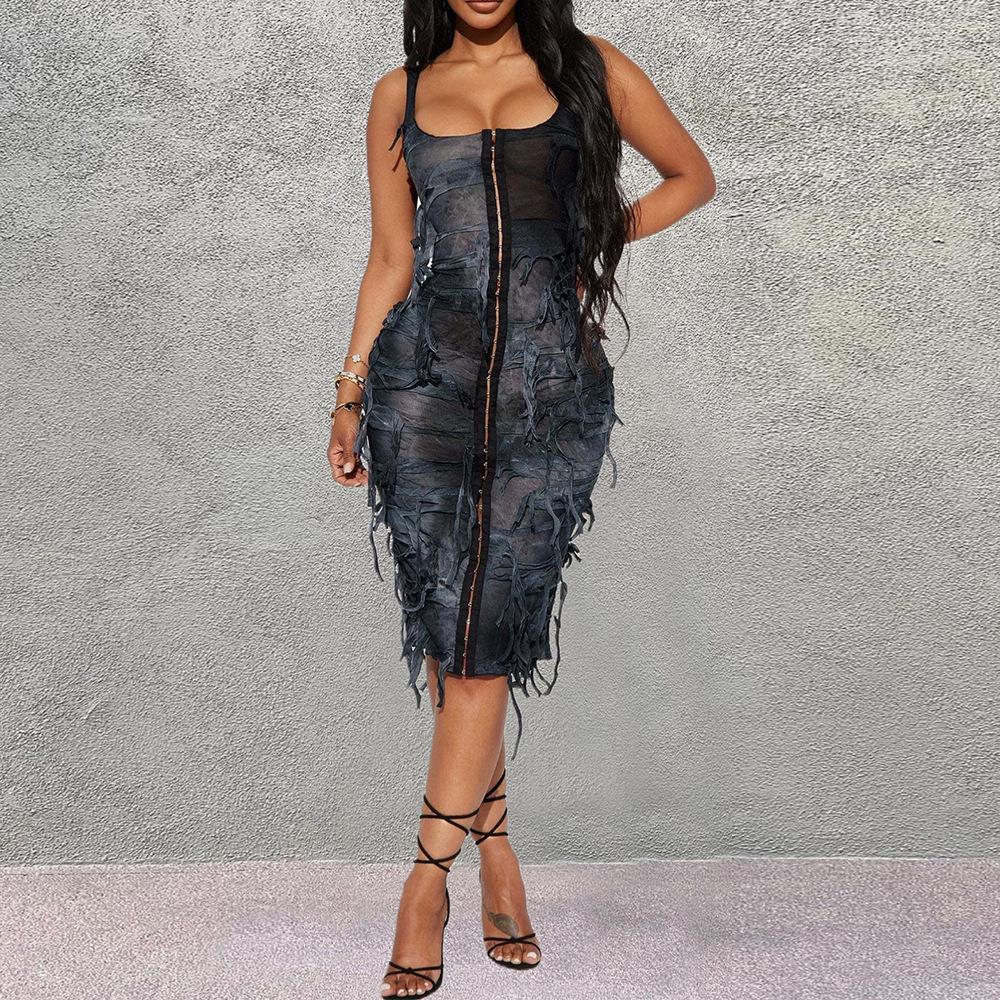 Slim Tie Dyed Sleeveless Beggar Dress Cardigan Dress for Women