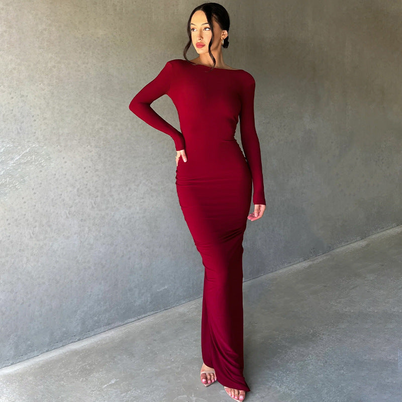 Women  Clothing Summer Sexy V neck Slim Pleated Solid Color Long Sleeve Dress