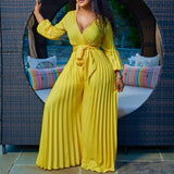 Pre-Order Summer V neck Sexy Lace up Pleated Wide Leg Jumpsuit