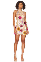 Women  Embroidered Three Dimensional Floral Halter Slim Dress Small Dress