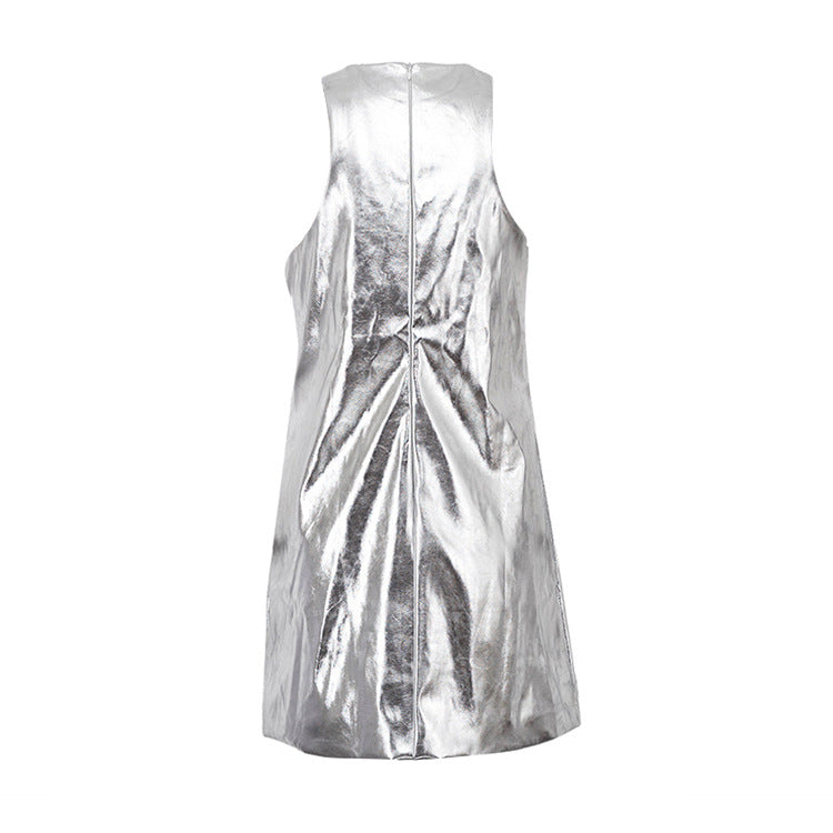 Summer Women Clothing Reflective Faux Leather Sexy Nightclub Vest Dress Sleeveless Short Dress