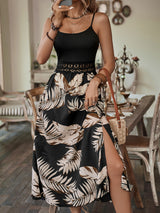 Casual Women Wear Summer Stitching Printing Waist Trimming Spaghetti Straps Maxi Dress