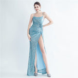 Gathers Sequ Handmade Floral Split Sling Simple Evening Dress