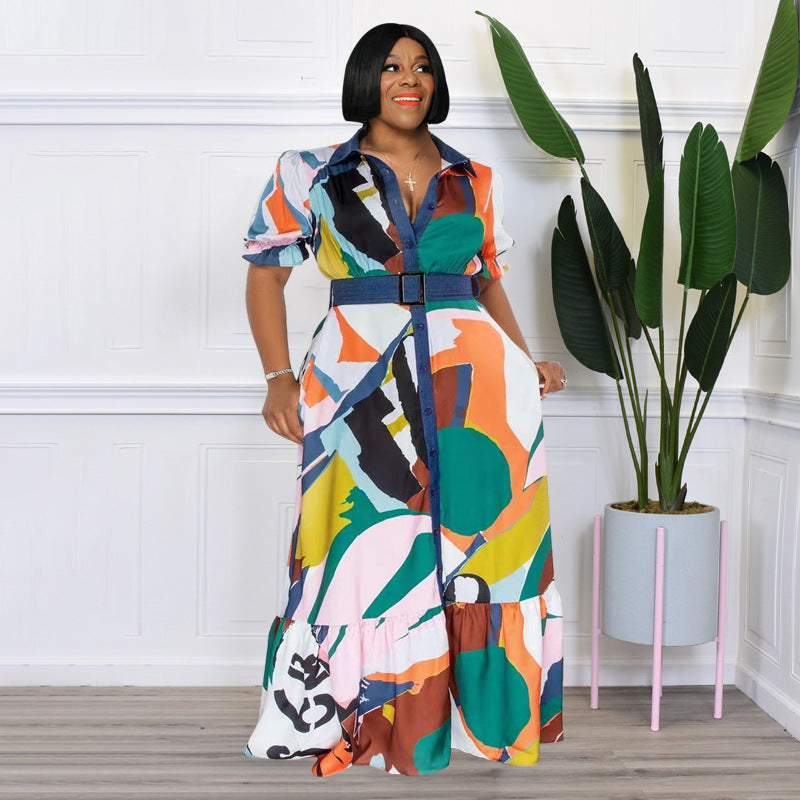Pre-Order Curvy Size  Color Printing with Belt Loose  Women Clothing Dress