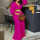 Pre-Order Summer V neck Sexy Lace up Pleated Wide Leg Jumpsuit