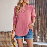 Women's Solid Color Clip Dot Stand Collar Split V Neck Puff Sleeve Top