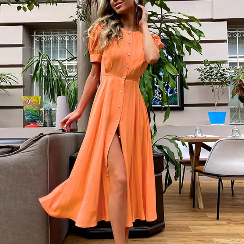 Women's Solid Color Solid Color Single Breasted Sexy Slit Mid Length Dress