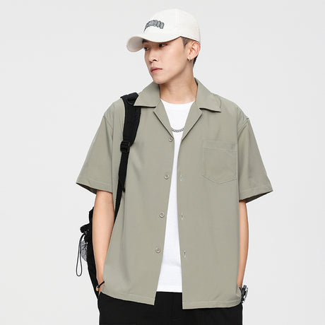 Loose Solid Color Casual Lapel Ordinary Short Sleeve Shirt Men