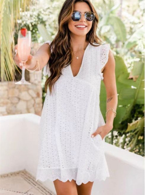 European and American lace stitching hollow V-neck dress for women