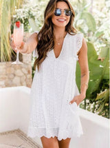 European and American lace stitching hollow V-neck dress for women